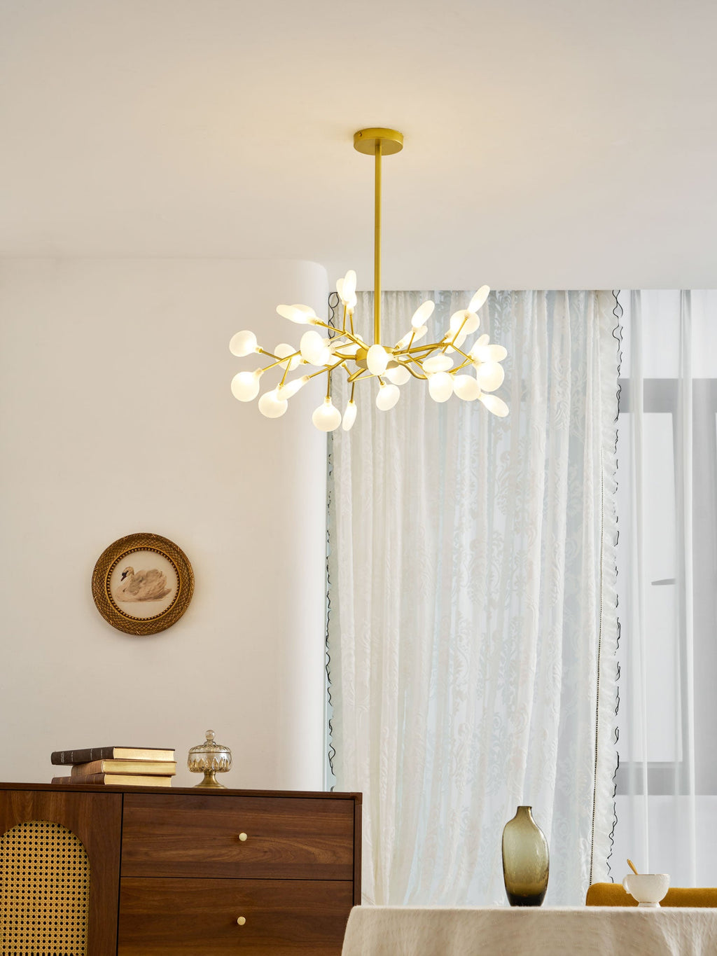 Chandelier, Firefly Sputnik, Translucent Glass Leaves, G4 LED, Dimmable