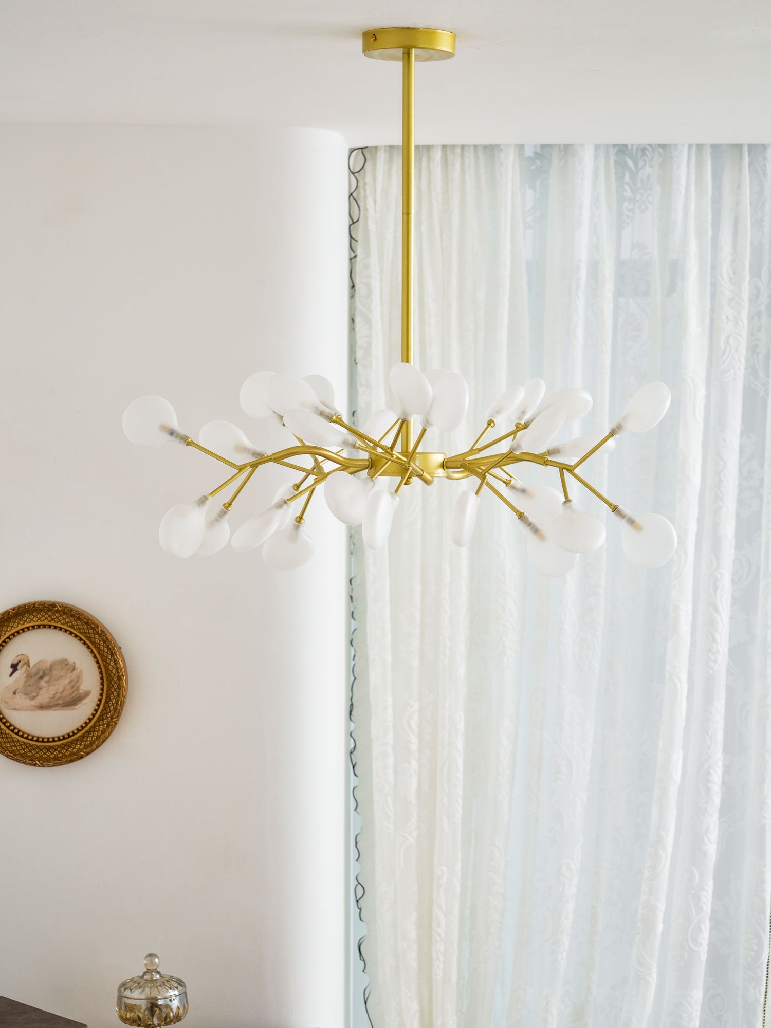 Chandelier, Firefly Sputnik, Translucent Glass Leaves, G4 LED, Dimmable