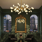 Sputnik chandelier with radiating glass leaves in a room