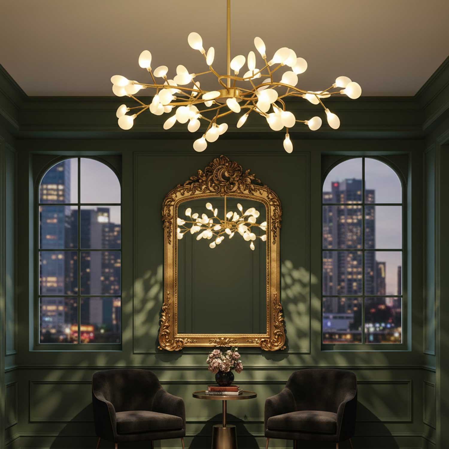 Sputnik chandelier with radiating glass leaves in a room