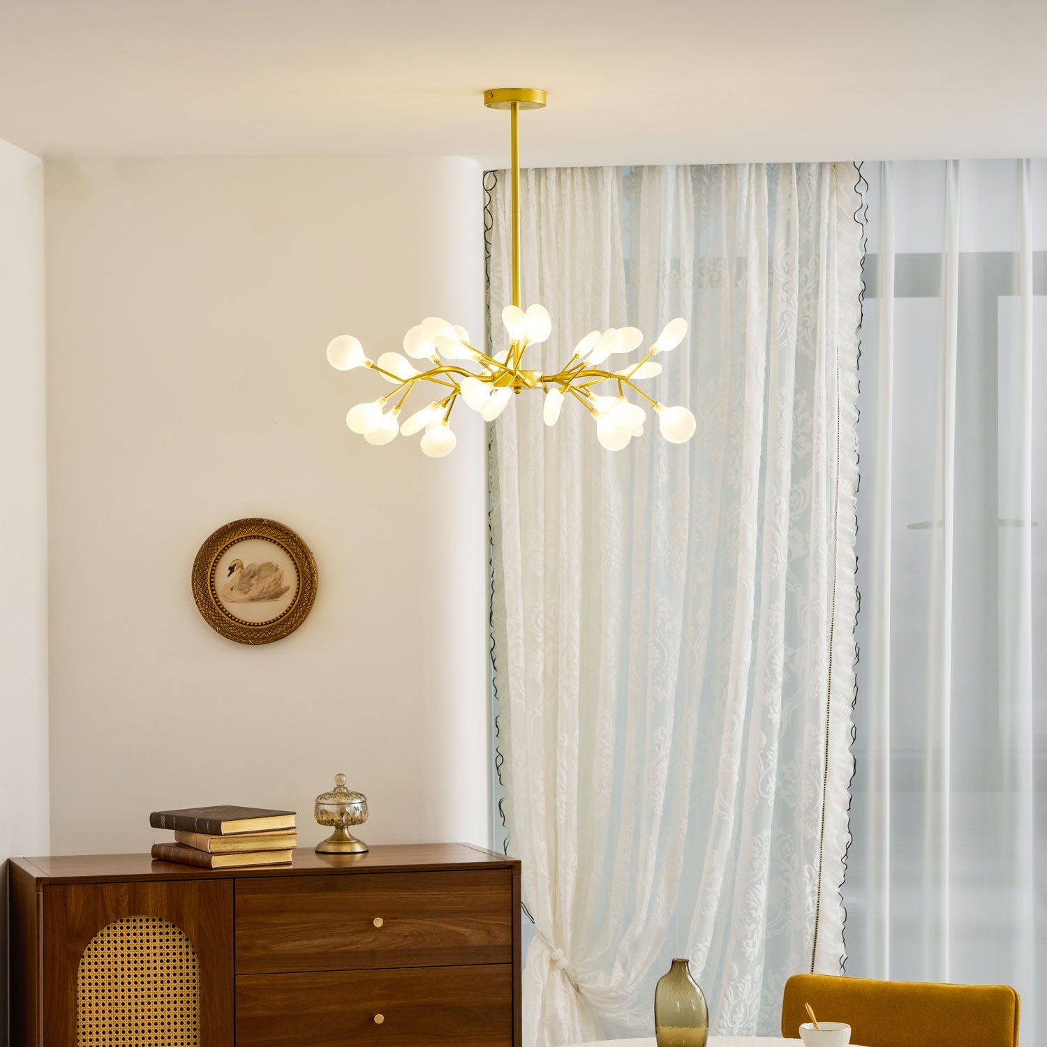 Chandelier, Firefly Sputnik, Translucent Glass Leaves, G4 LED, Dimmable