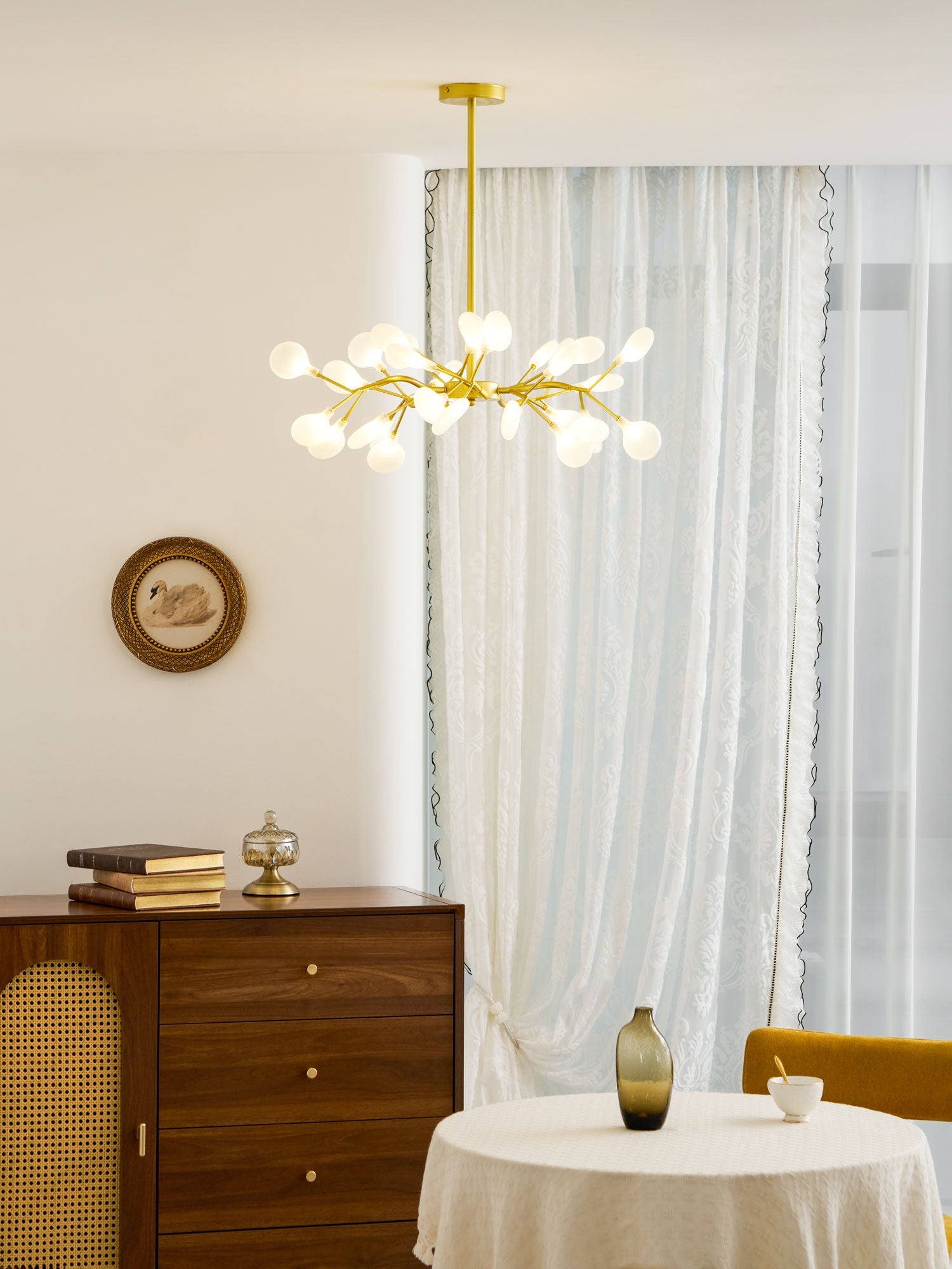 Chandelier, Firefly Sputnik, Translucent Glass Leaves, G4 LED, Dimmable