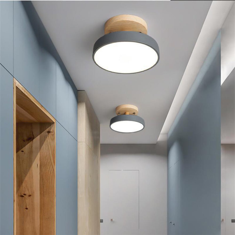 Loftlampe med træfod, cirkulær LED-diffuser, moderne semi-indbygget design