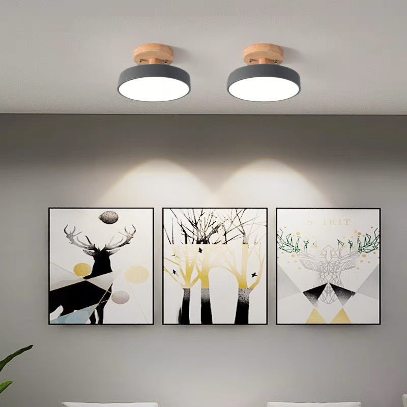 Loftlampe med træfod, cirkulær LED-diffuser, moderne semi-indbygget design