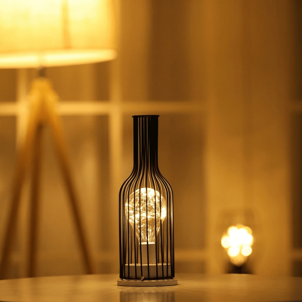 Bordlampe i burstil, industrielt jerntråddesign, 15-tommers batteridrevet LED