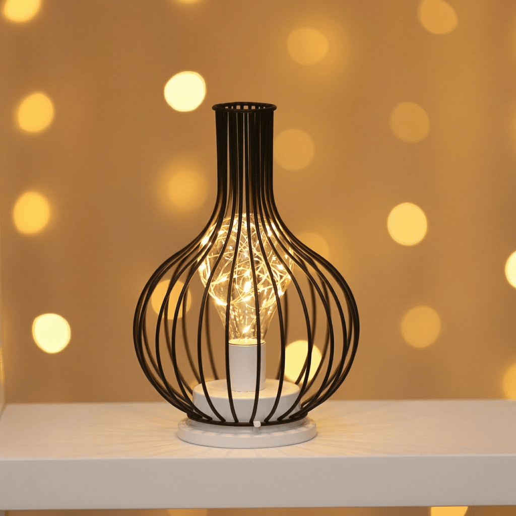 Bordlampe i burstil, industrielt jerntråddesign, 15-tommers batteridrevet LED