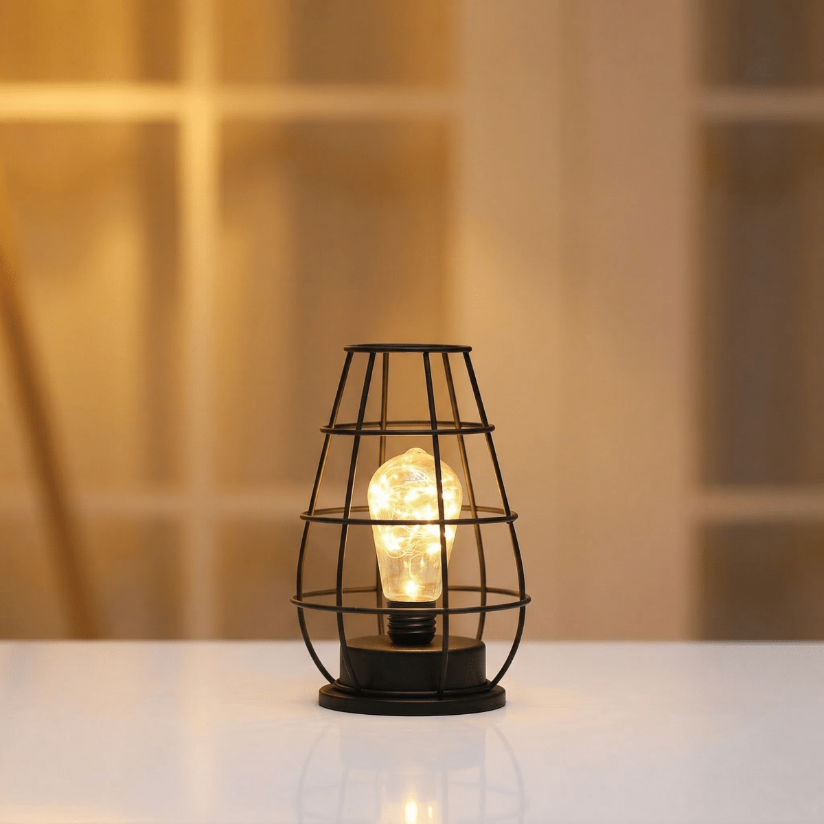 Bordlampe i burstil, industrielt jerntråddesign, 15-tommers batteridrevet LED