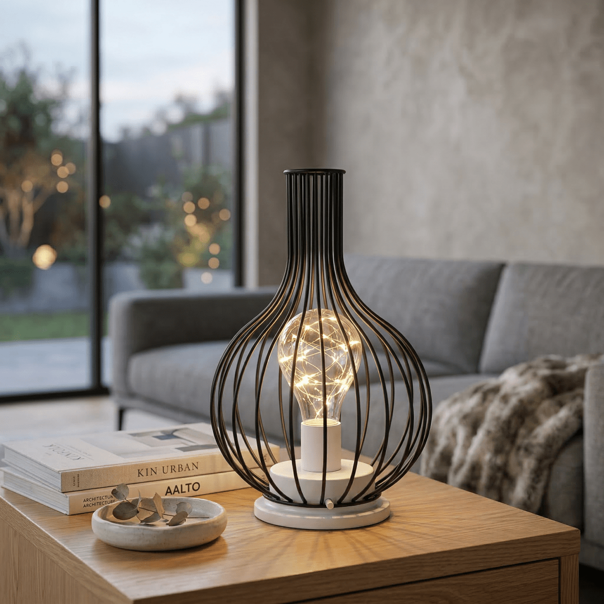 Bordlampe i burstil, industrielt jerntråddesign, 15-tommers batteridrevet LED