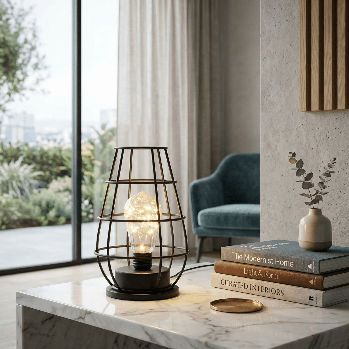 Bordlampe i burstil, industrielt jerntråddesign, 15-tommers batteridrevet LED