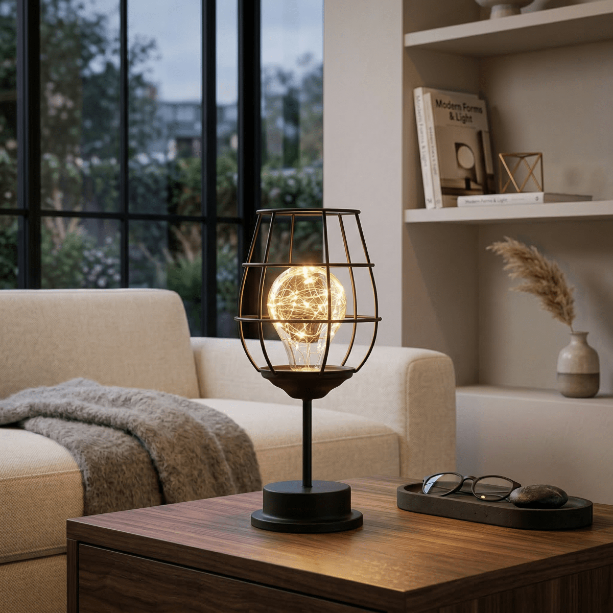 Bordlampe i burstil, industrielt jerntråddesign, 15-tommers batteridrevet LED