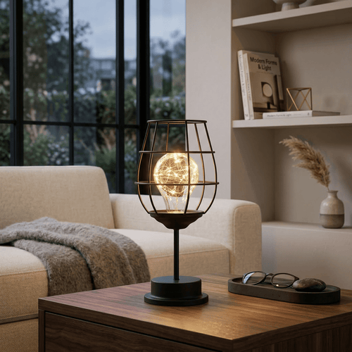 Cage-Style Table Lamp, Industrial Iron Wire Design, 15-Inch Battery LED