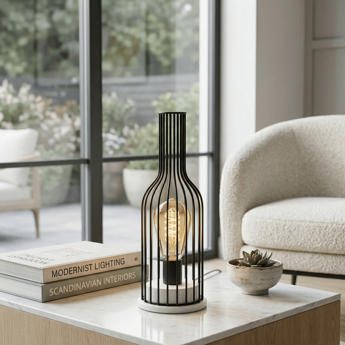 Bordlampe i burstil, industrielt jerntråddesign, 15-tommers batteridrevet LED