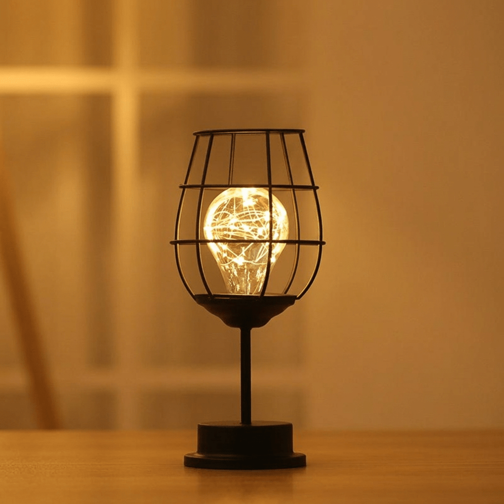 Bordlampe i burstil, industrielt jerntråddesign, 15-tommers batteridrevet LED