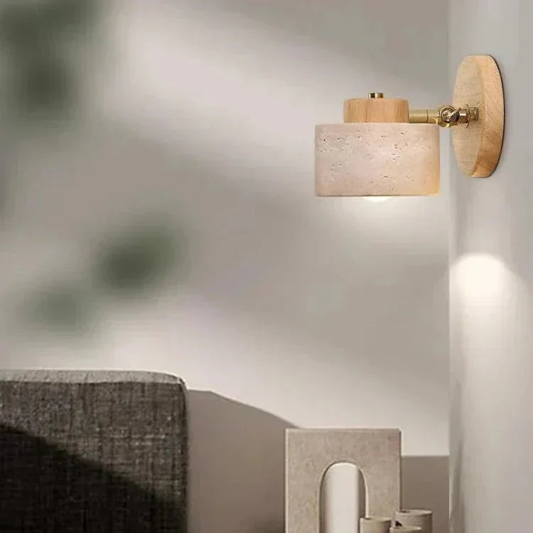 Travertine Cylinder Wall Sconce, Wood Base, Minimalist LED Design