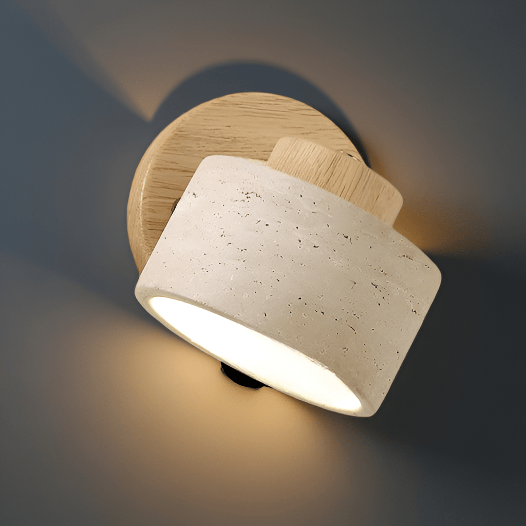 Travertine Cylinder Wall Sconce, Wood Base, Minimalist LED Design