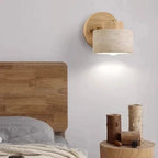 Travertine Cylinder Wall Sconce, Wood Base, Minimalist LED Design