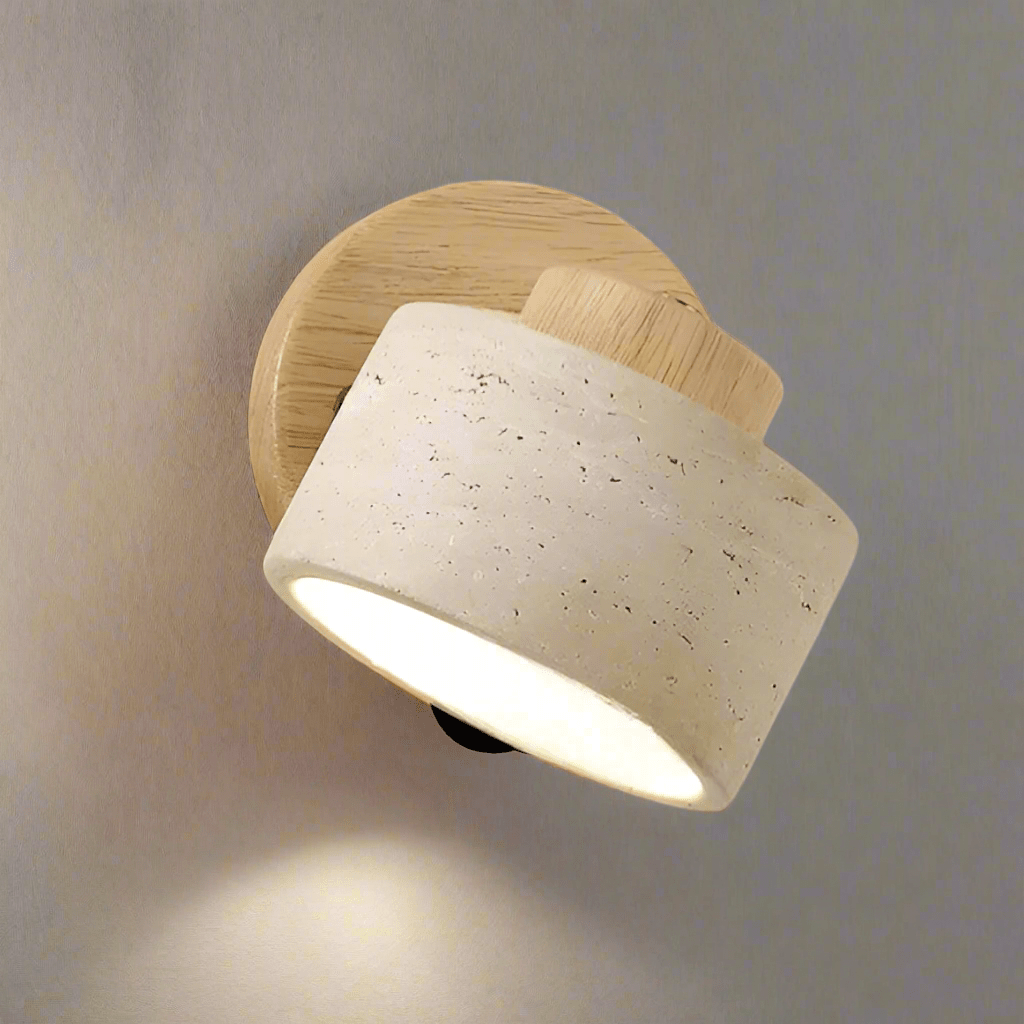 Travertine Cylinder Wall Sconce, Wood Base, Minimalist LED Design