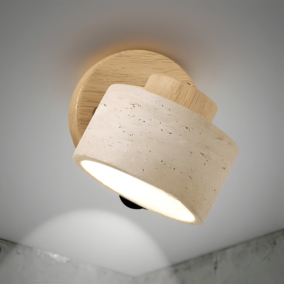 Travertine Cylinder Wall Sconce, Wood Base, Minimalist LED Design