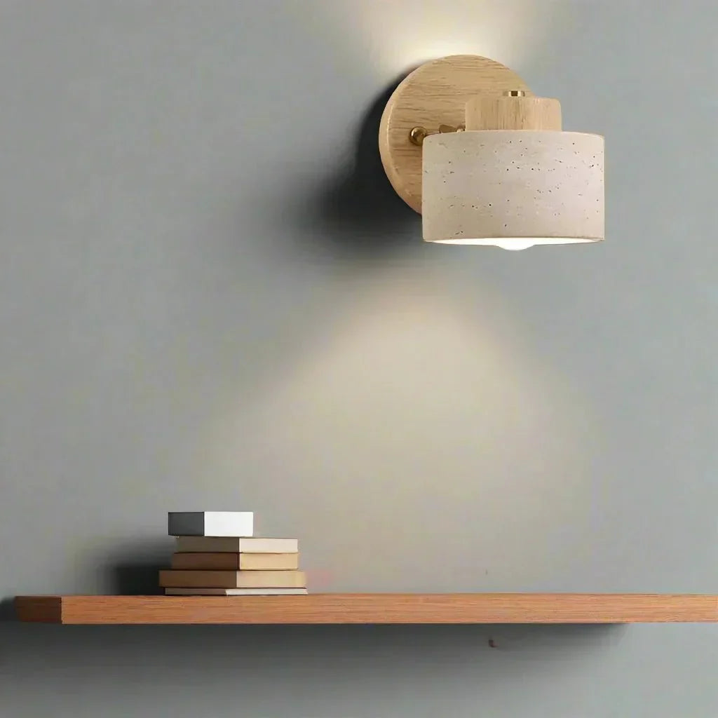 Travertine Cylinder Wall Sconce, Wood Base, Minimalist LED Design