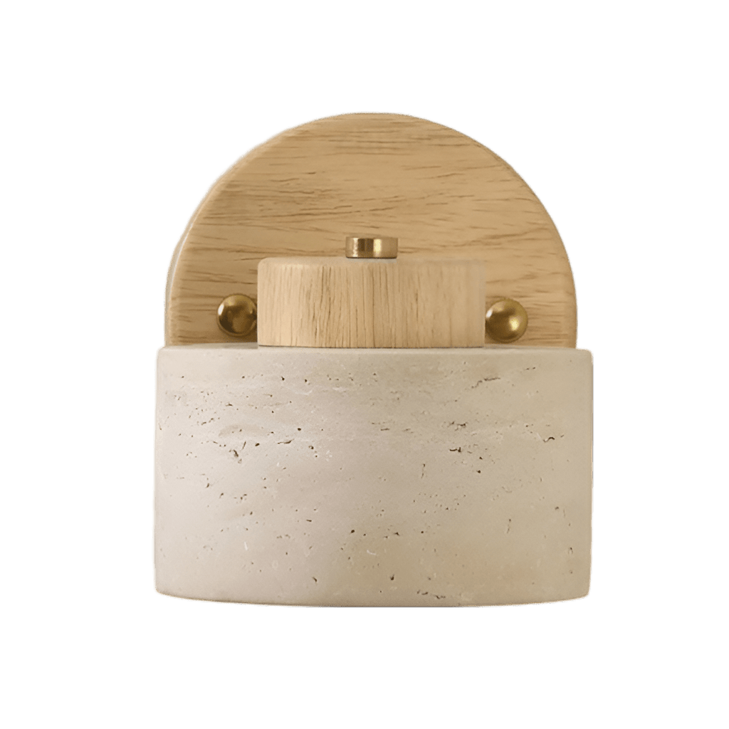 Travertine Cylinder Wall Sconce, Wood Base, Minimalist LED Design