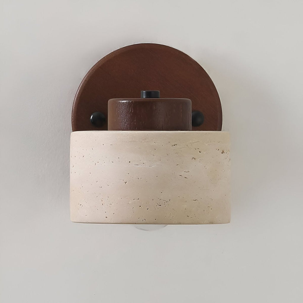 Travertine Cylinder Wall Sconce, Wood Base, Minimalist LED Design