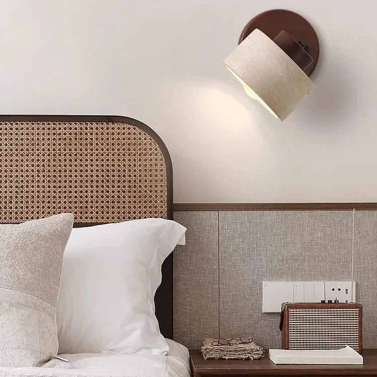 Travertine Cylinder Wall Sconce, Wood Base, Minimalist LED Design