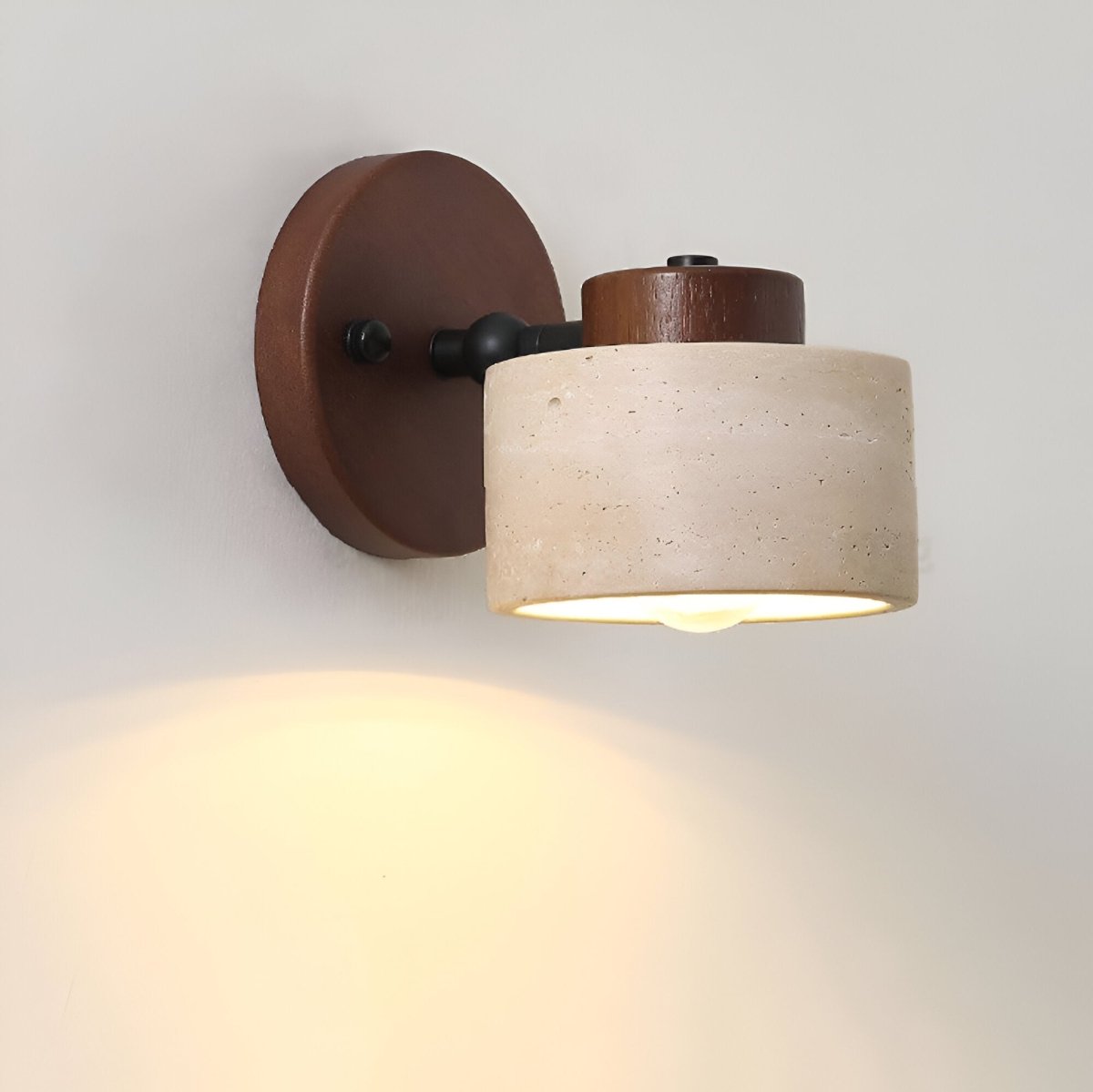 Travertine Cylinder Wall Sconce, Wood Base, Minimalist LED Design