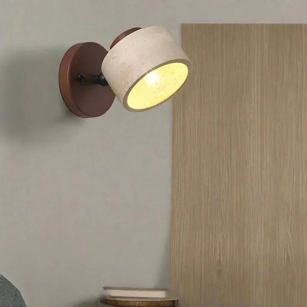 Travertine Cylinder Wall Sconce, Wood Base, Minimalist LED Design