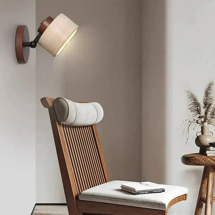 Travertine Cylinder Wall Sconce, Wood Base, Minimalist LED Design