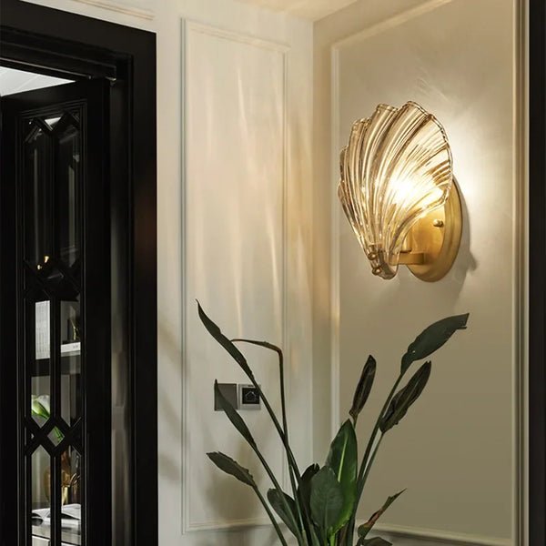 Applique murale en verre et laiton, abat-jour style coquillage, lumière LED unique