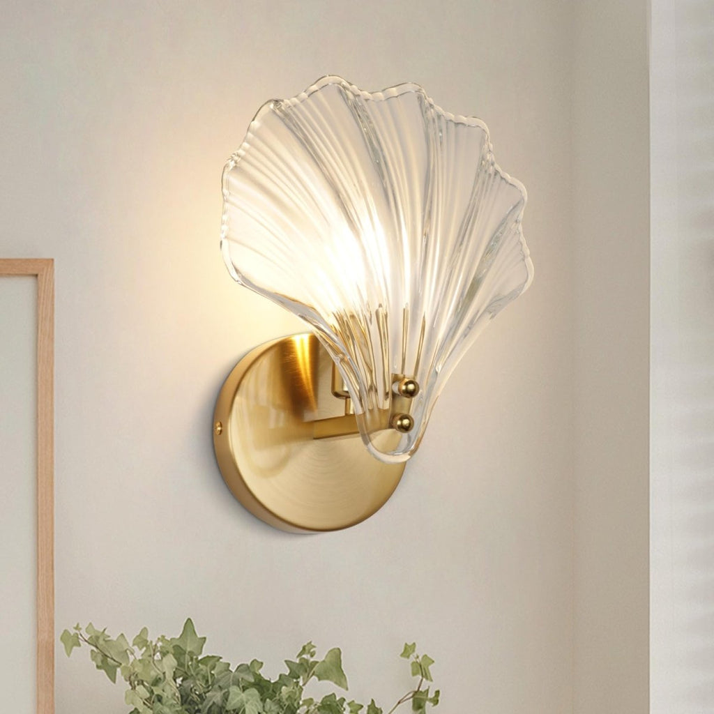 Applique murale en verre et laiton, abat-jour style coquillage, lumière LED unique