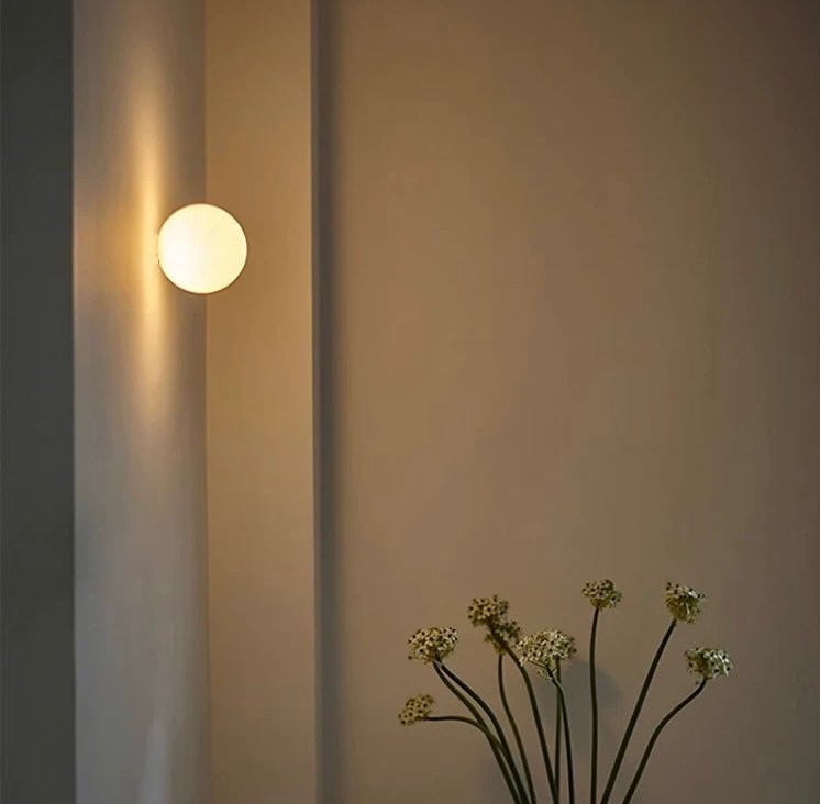 Round Frosted Glass Wall Light, Single-LED Globe Fixture, Metal Base