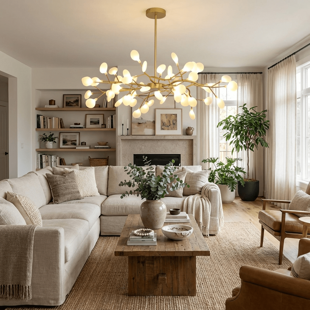 Gold firefly sputnik chandelier against a neutral backdrop