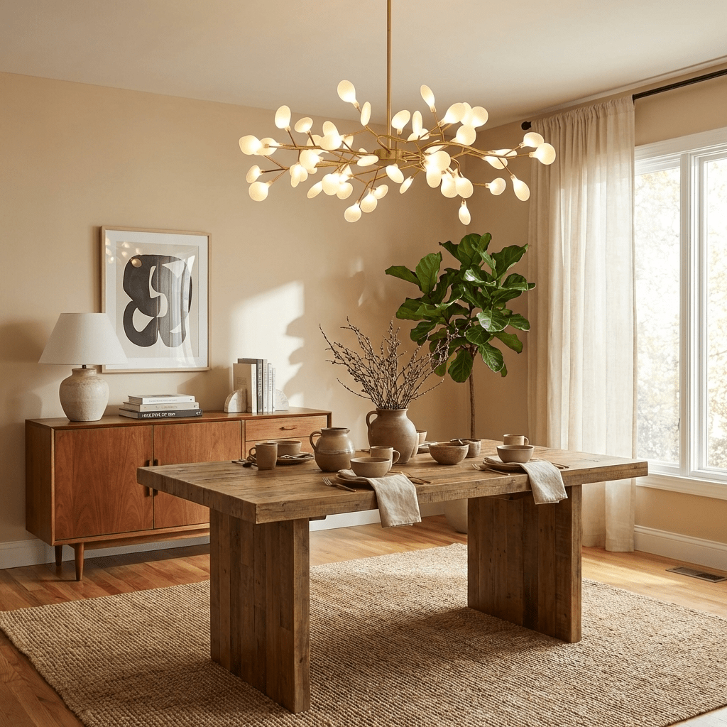 Gold sputnik chandelier shown against a plain background