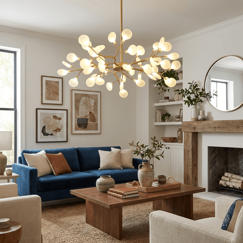 Glass leaf chandelier glowing warmly from every arm
