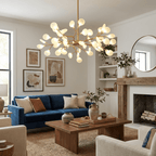 Glass leaf chandelier glowing warmly from every arm