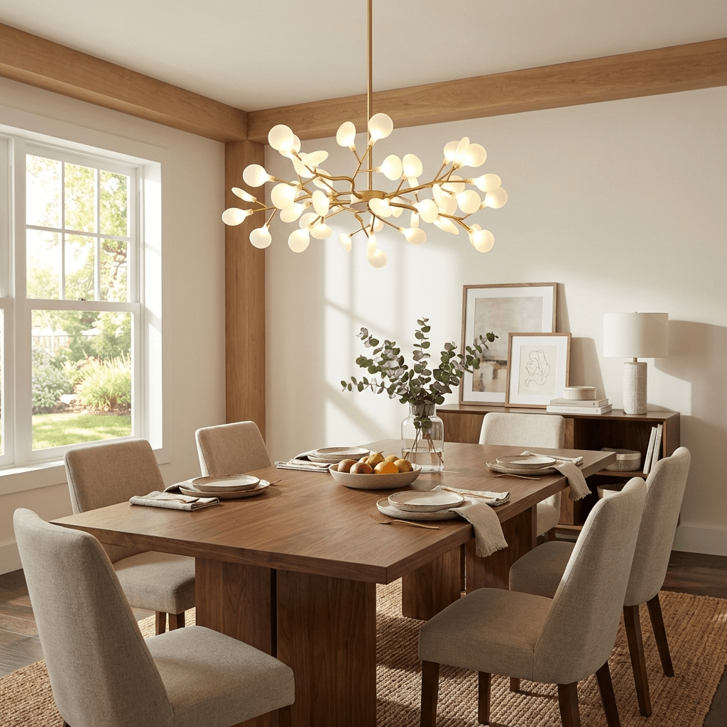 Black-frame sputnik chandelier with translucent glass leaves