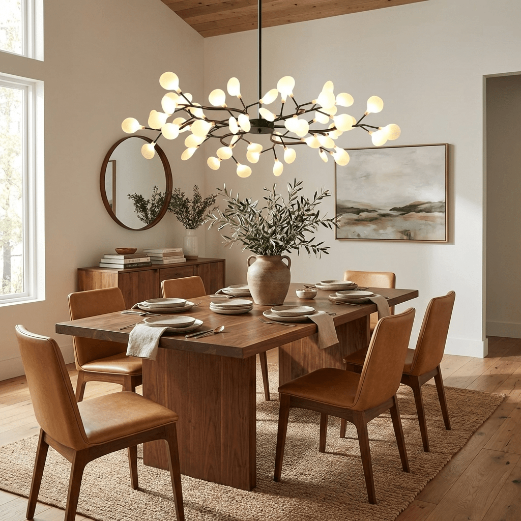 Firefly chandelier detail showing glass leaf and metal arm