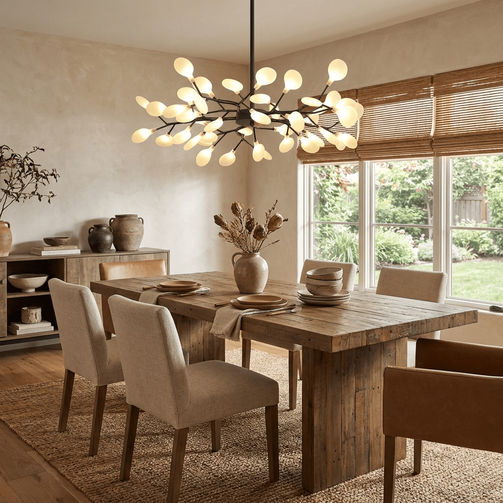 Sputnik chandelier with warm glowing leaf-shaped lights