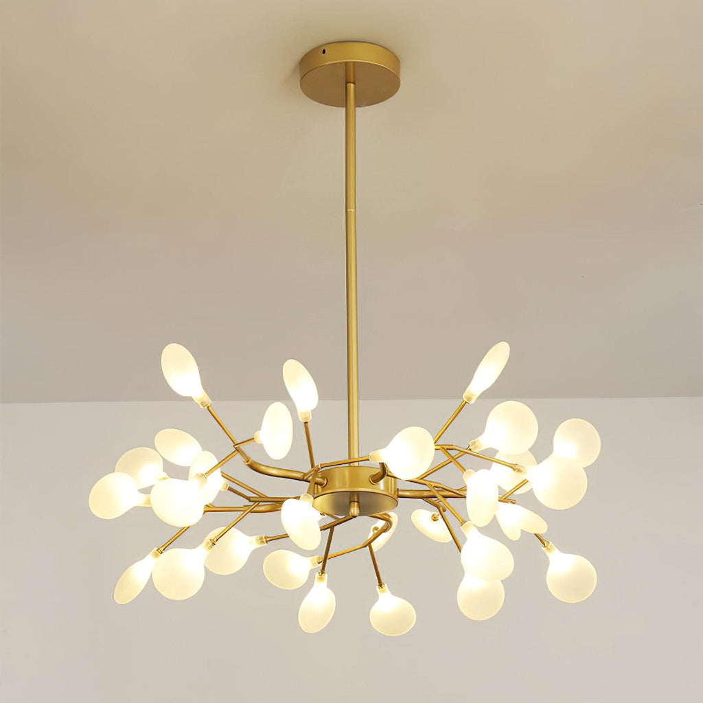 Firefly sputnik chandelier with glowing glass leaf arms