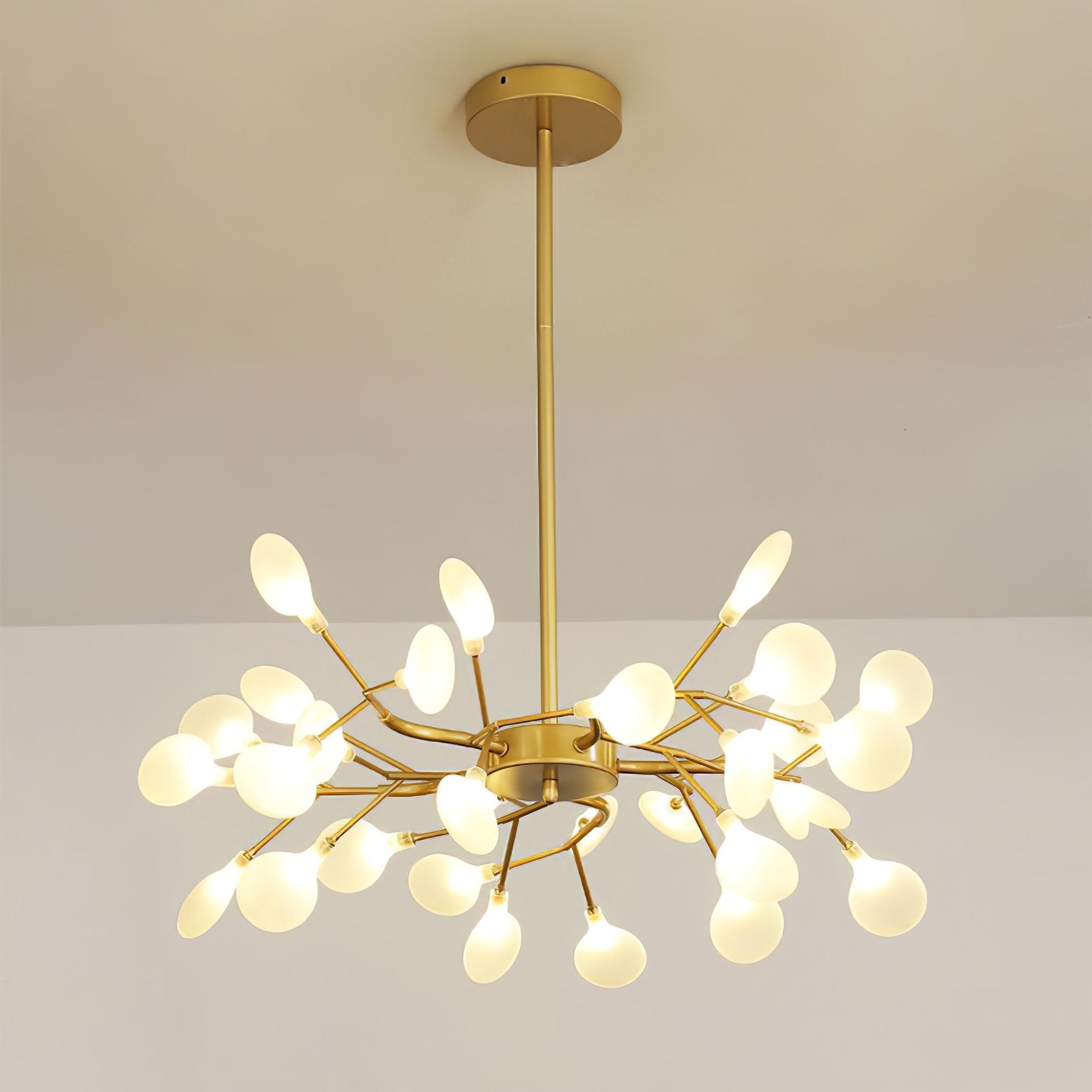Firefly sputnik chandelier with glowing glass leaf arms
