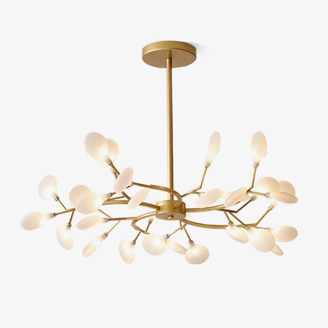 Firefly chandelier with glowing glass leaves in a dark room