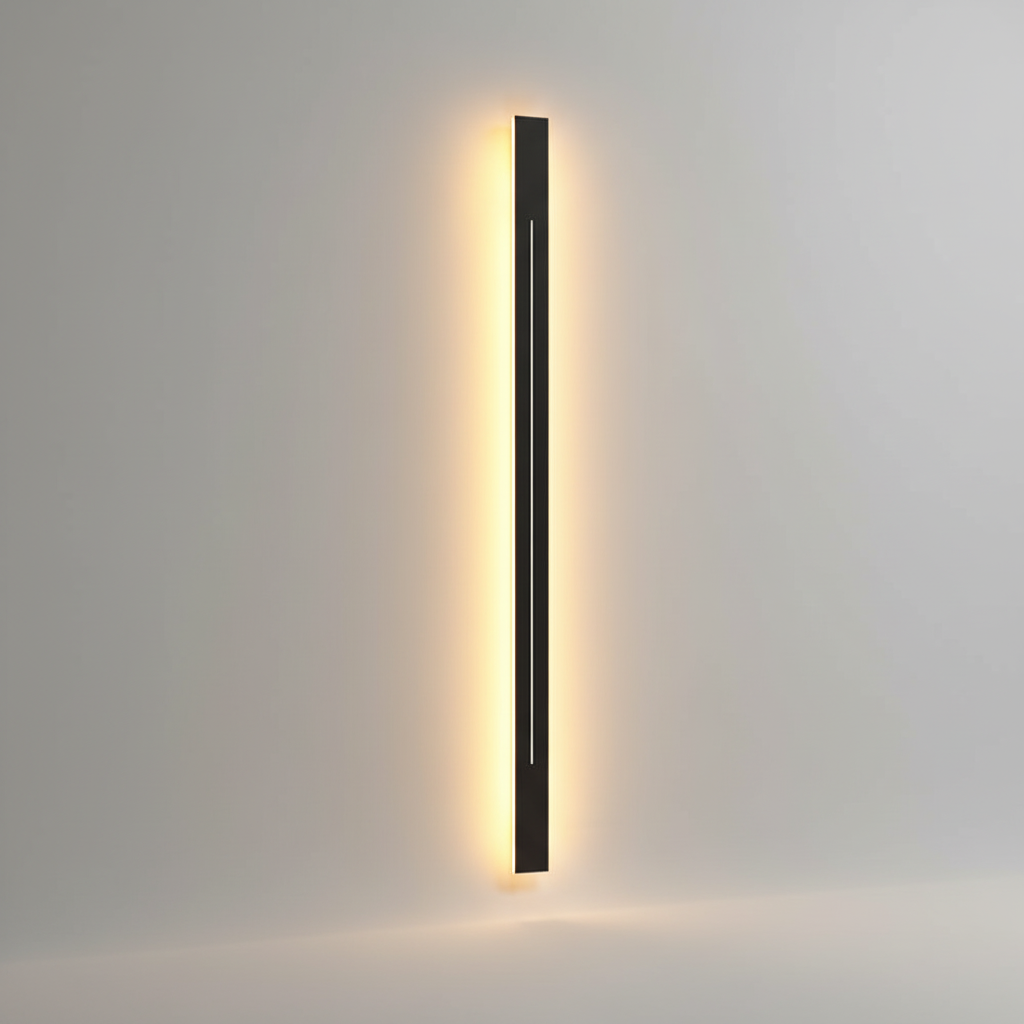 Væglampe med LED-bagbelysning i sort og guld, varm stemningsbelysning