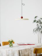 Swing arm pendant light with slim disc and spherical counterweight