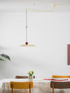 Disc pendant light on a swing arm with contrasting counterweight