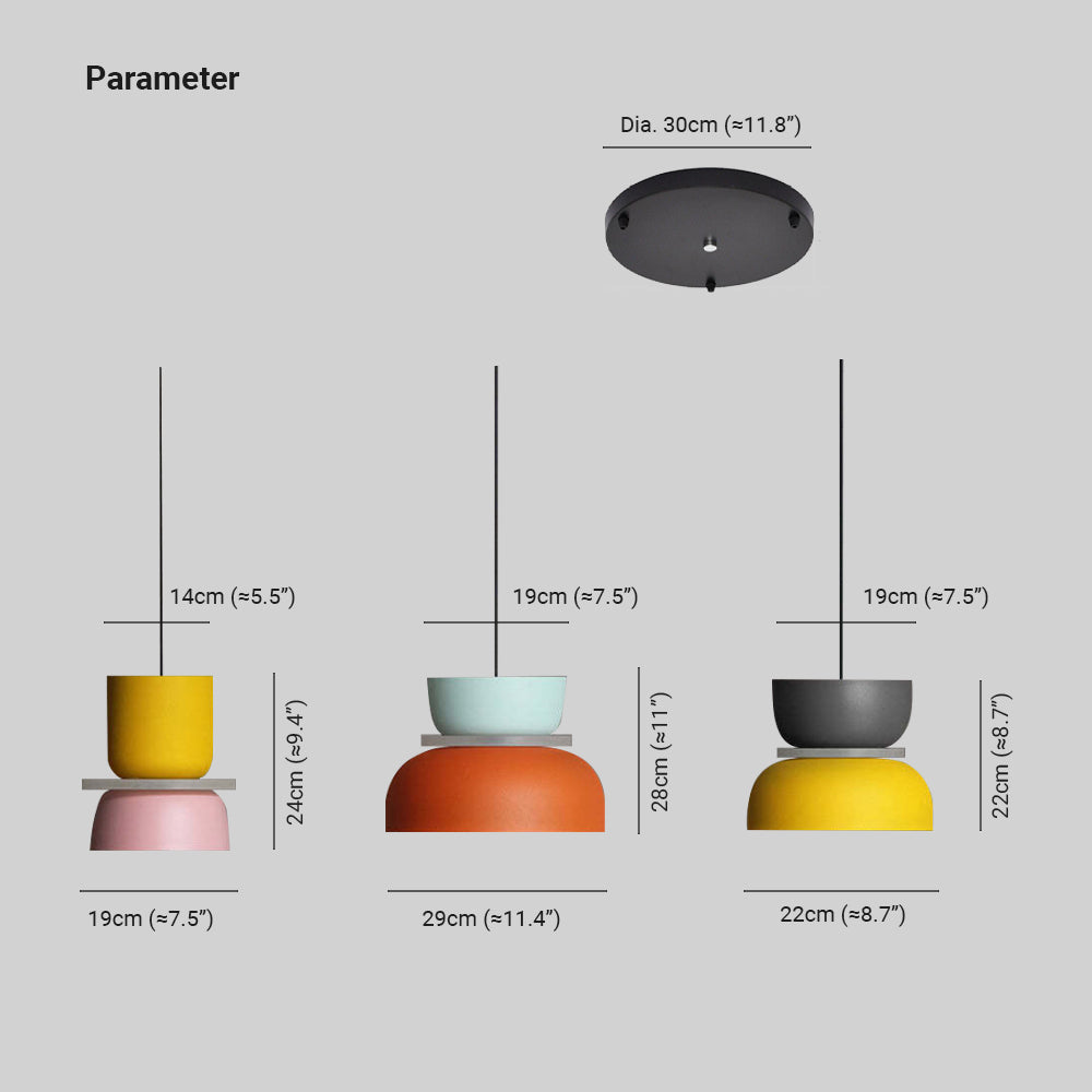 Dimension drawing for the Clérachic two-tone dome pendant: 30 cm (11.8″) ceiling canopy, with shade sizes 19–29 cm (7.5–11.4″) wide and 22–28 cm (8.7–11″) tall.