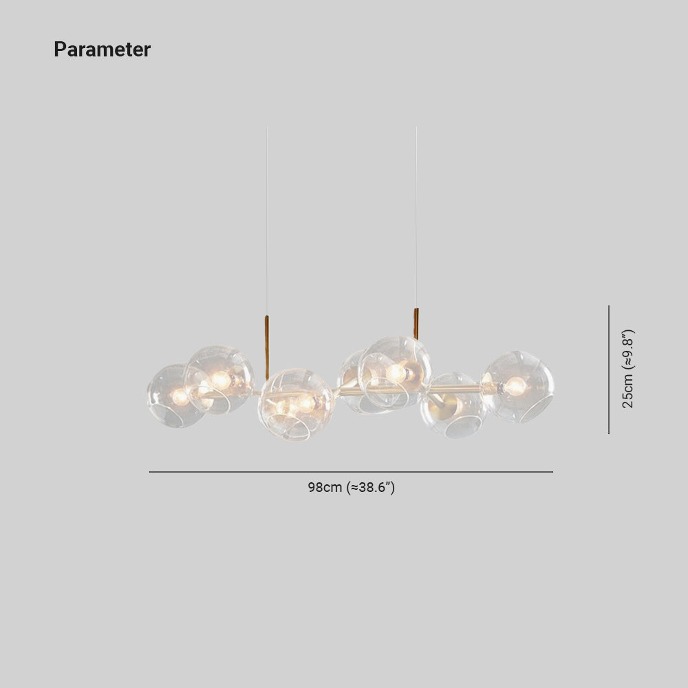 Gold Clérachic bubble glass linear pendant light with lit clear glass globes, shown against a plain background.