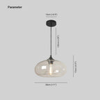 Dimension drawing for the Clérachic oval blown glass pendant: shade 28cm (≈11″) wide, 15cm (≈5.9″) high, 10cm (≈3.9″) ceiling plate, 150cm (≈59″) cord.
