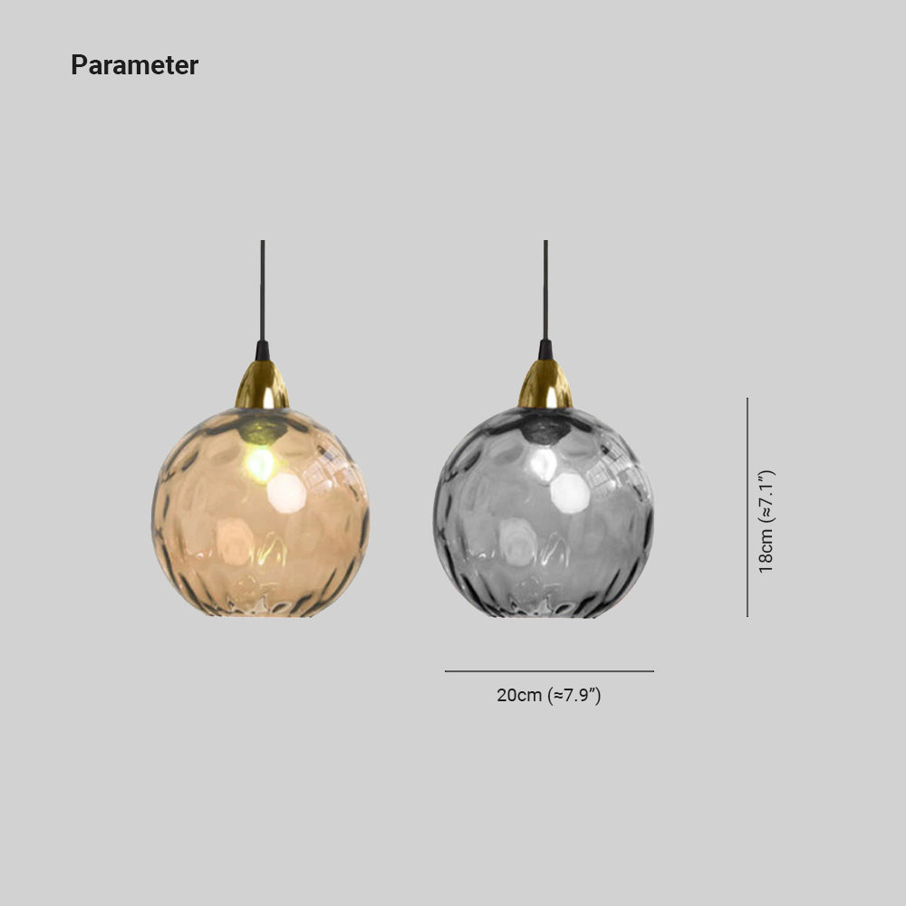 Dimension drawing for the Clérachic water ripple glass globe pendant, 20 cm (≈7.9″) wide and 18 cm (≈7.1″) high, shown in amber and smoke gray.