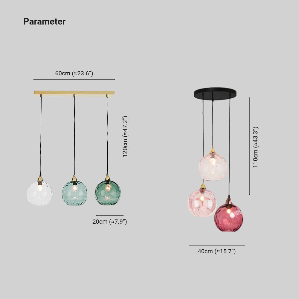 Dimension drawing, Clérachic ripple-glass pendant: bar 60cm (23.6″), drop 120cm (47.2″); canopy 40cm (15.7″), drop 110cm (43.3″); globes 20cm (7.9″).